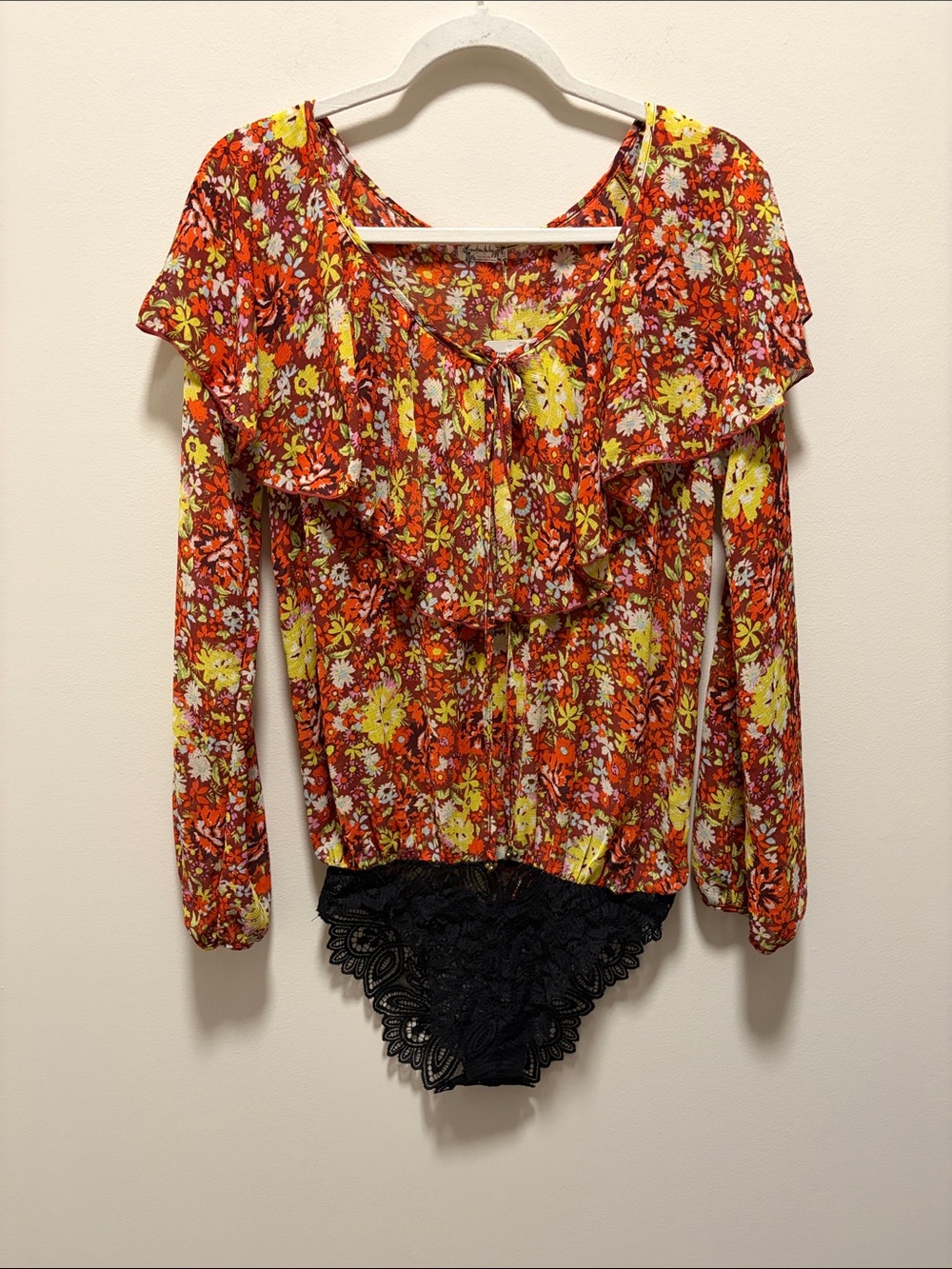 Free People Floral Ruffle Long-Sleeve Bodysuit in Orange and Yellow